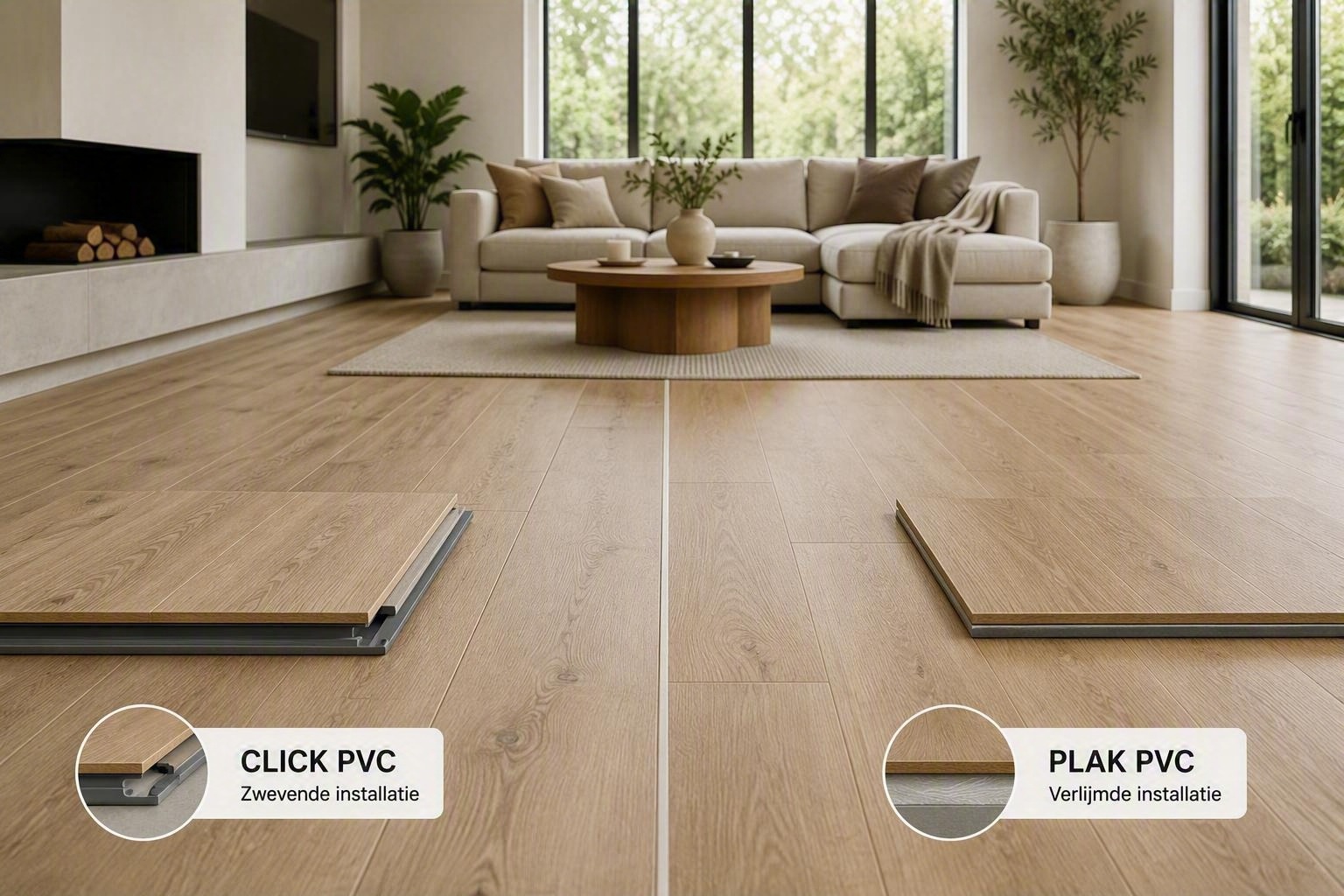 klik-PVC en verlijmd PVC naast elkaar in een moderne woonkamer met vloerverwarming